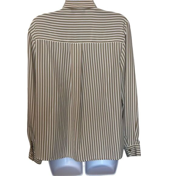 Notations Vtg 10 Tan White Stripe Button Down Silky Blouse Secretary Workwear - Picture 2 of 6